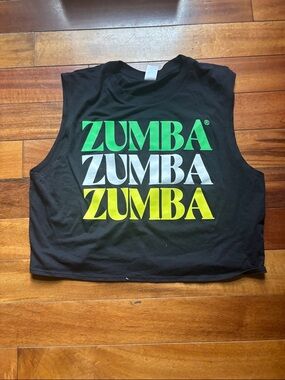 Zumba Fitness Black Crop Tank with Green, White, Yellow Graphic